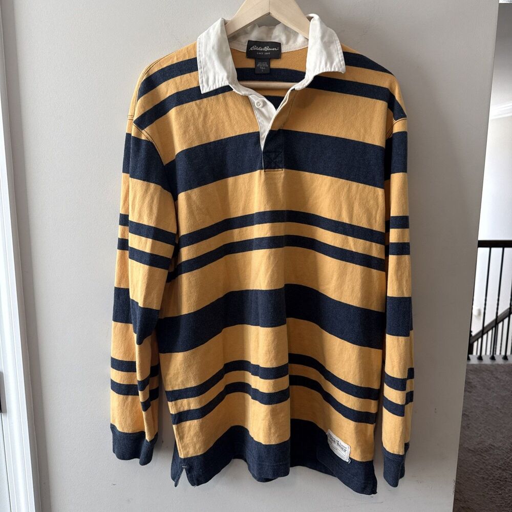 Eddie Bauer Rugby Shirt Mens Medium Blue Yellow Preppy Cotton Polo Y2K Vintage